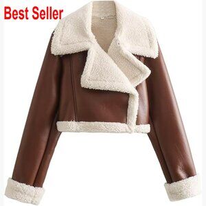 Faux Leather Moto Jacket with Faux Fur Lining Cropped Sherpa